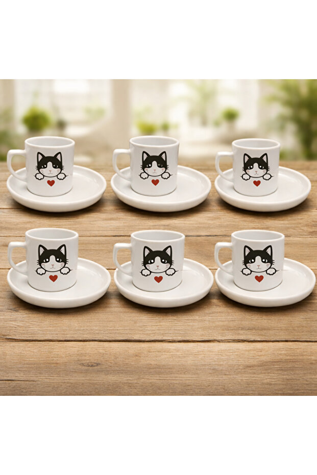 Cute Cat Patterned Coffee Cup Set of 6 – Porcelain Cup Set, Stylish Presentation with Saucers