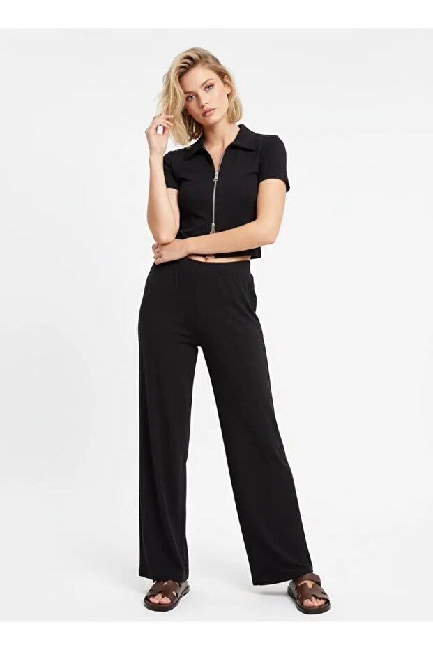 Women's Polo Collar Zipper Detail Modal Touch Bottom-Top Set 26020