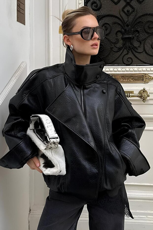 Women's Zr Model High Collar Zippered Leather Jacket - New Season Black Oversize Jacket