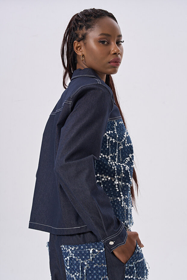 Sequined and Beaded Denim Set - 5