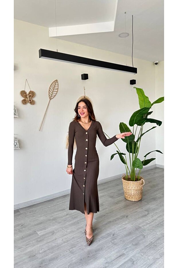 Black V-Neck Buttoned Front Knitwear Seasonal Lycra Comfortable Dress