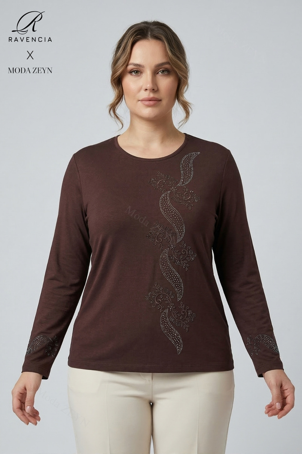 Women's Spiral Leaf Patterned Collar and Skirt Stoned Embroidered Slit Lycra Mother Combed Cotton Blouse