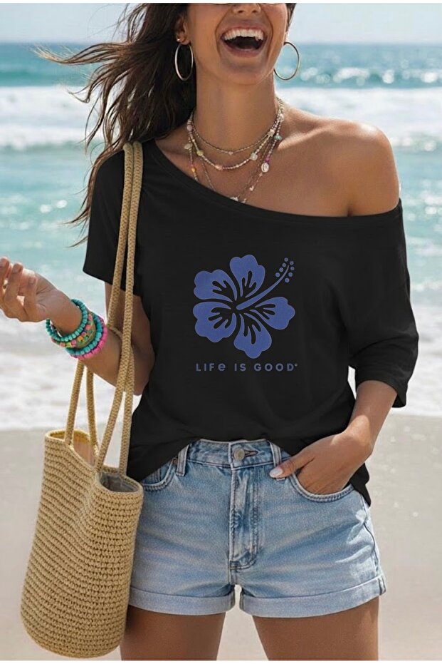 Life Is Good Flower Printed Oversized Women's Boat Neck T-Shirt