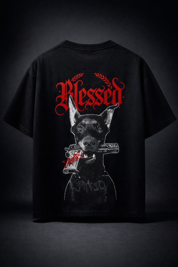 Blessed Doberman Oversize T-Shirt – Back Print Streetwear Black 100% Cotton Unisex