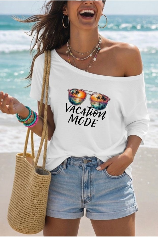 Vacation Mode Printed Oversized Women's Boat Neck T-Shirt