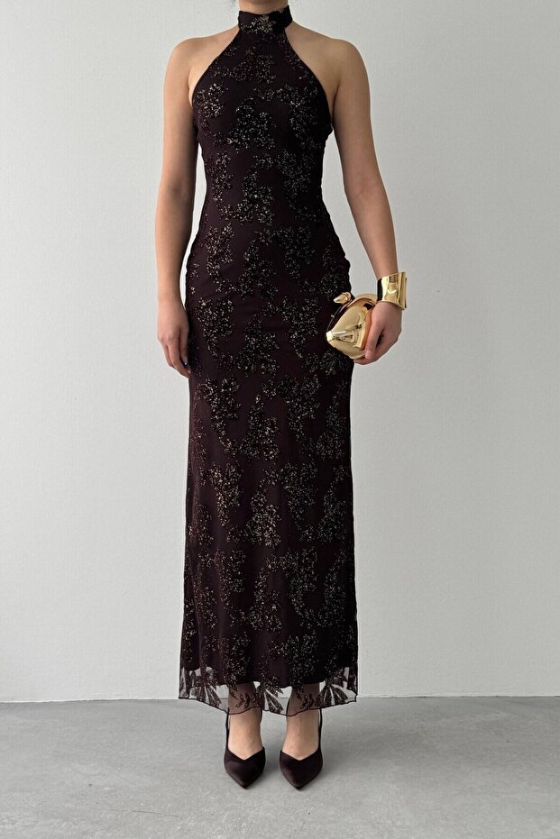 Boyun Bağlamalı Desenli Elbise - 8