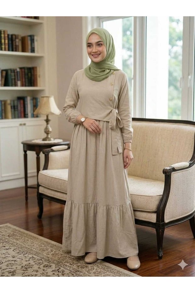Crew Neck Modal Fabric Full-Length Dress with Waist Tie and Metal Button Detail
