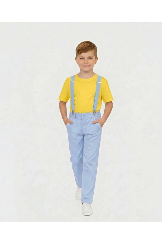 Boy's April 23 October 29 Outfit Yellow Round Neck T-Shirt - Blue Pants - Blue Suspender Set