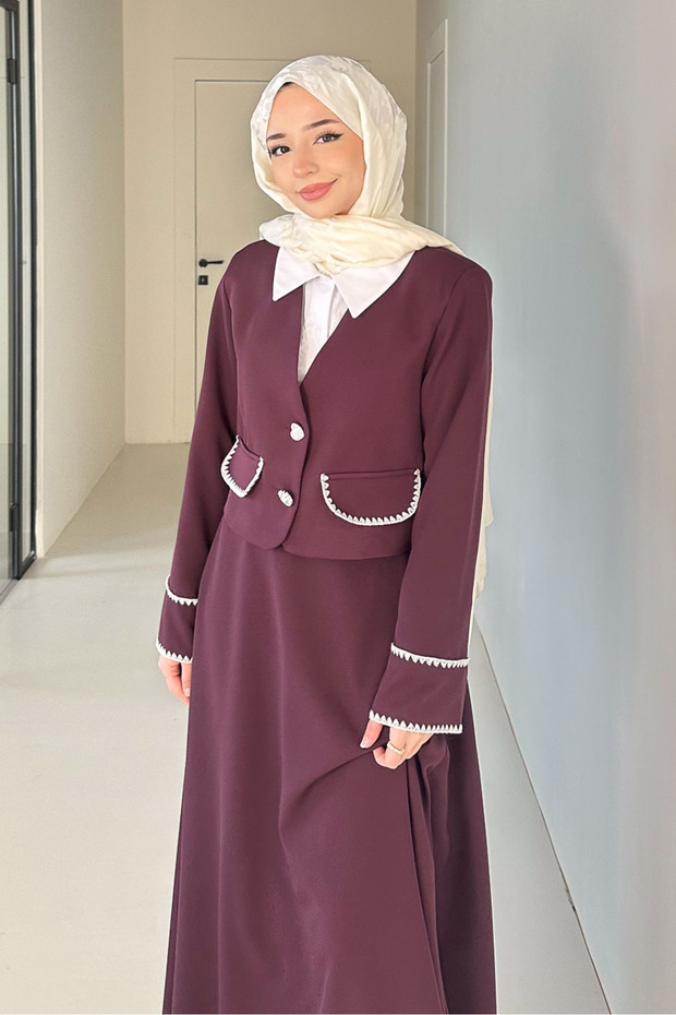 Carlotta Heart Flower Buttoned Skirt Suit - Plum