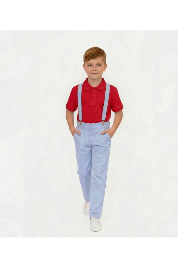 Boy's Blue Linen Trousers and Suspender Red Collared T-Shirt Set April 23-October 29 and Special Occasions