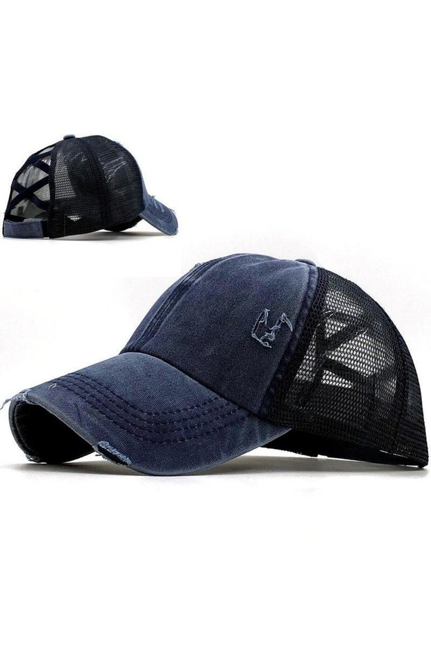 Women's Ponytail Hat – Vintage Worn-Look Style, Adjustable Open-Back Mesh Hat