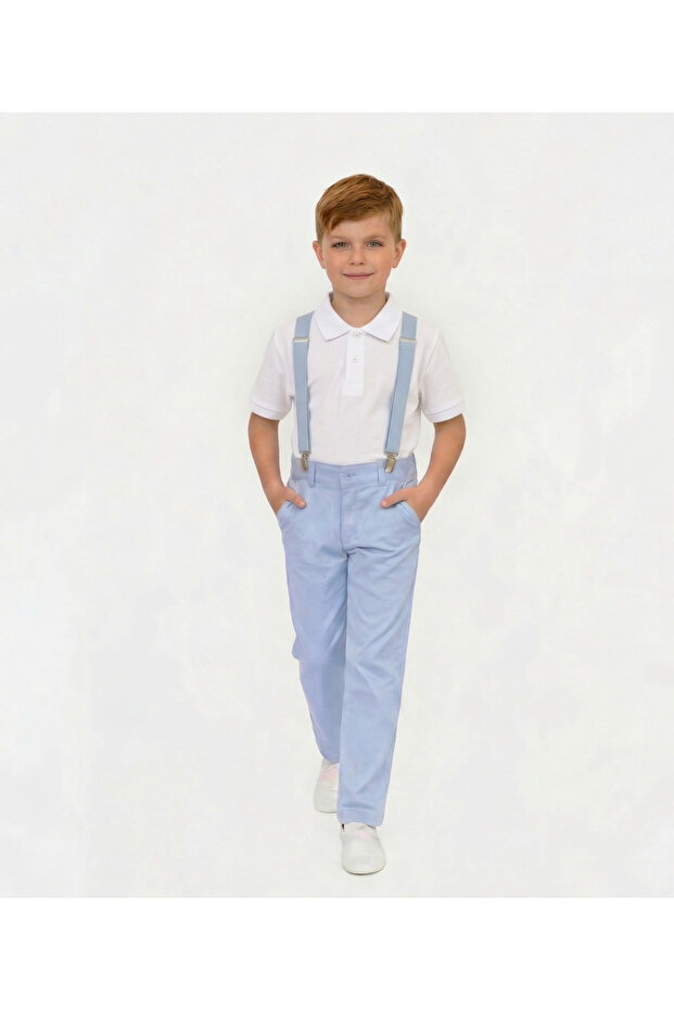 Boy's Blue Linen Trousers and Suspender White Collared T-Shirt Set April 23-October 29 and Special Occasions