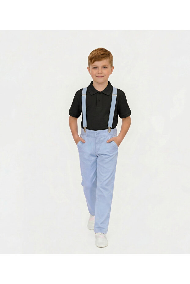 Boy's Blue Linen Trousers and Black Collared T-Shirt Set April 23-October 29 and Special Occasions