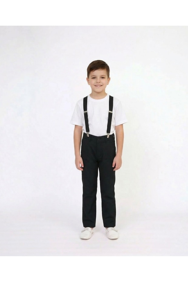 Boy's 23 April 29 October Outfit White Round Neck T-Shirt-Black Pants-Black Suspender Set