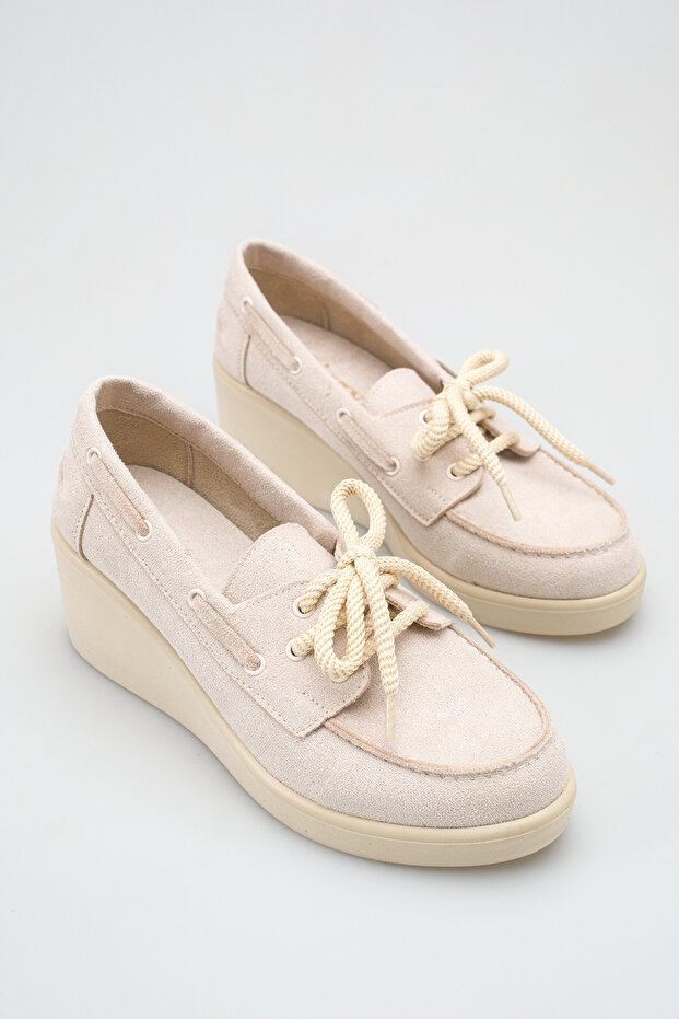 Beige Wedge Heel Daily Lace-Up Ballerina Shoes