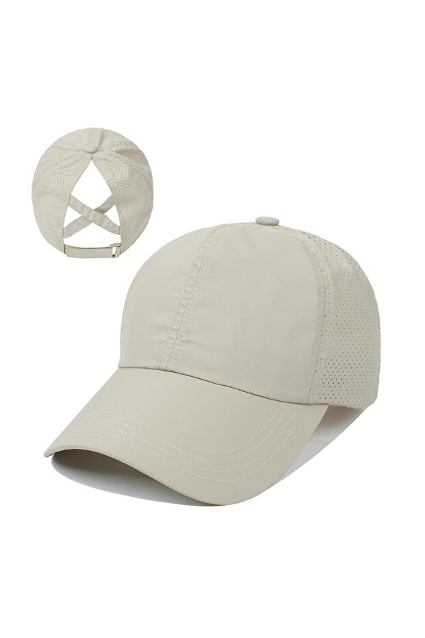 Horse Tail Hat for Women – Breathable Perforated Fabric, Adjustable Sports Hat, Summer Cream Color