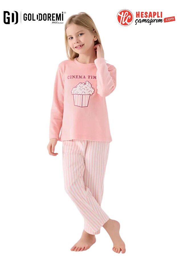 Premium Girls' Pop Corn Cinema Time Long Sleeve Velvet Pajama Set