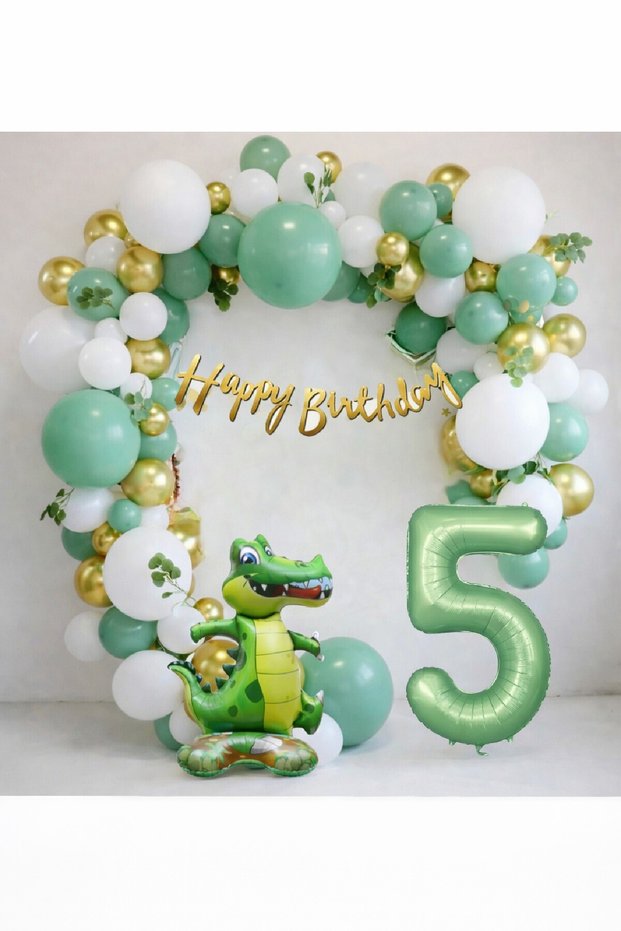 Dinosaur Themed Birthday Balloon Party Set Green Gold Balloon Set & Dino Balloon Set