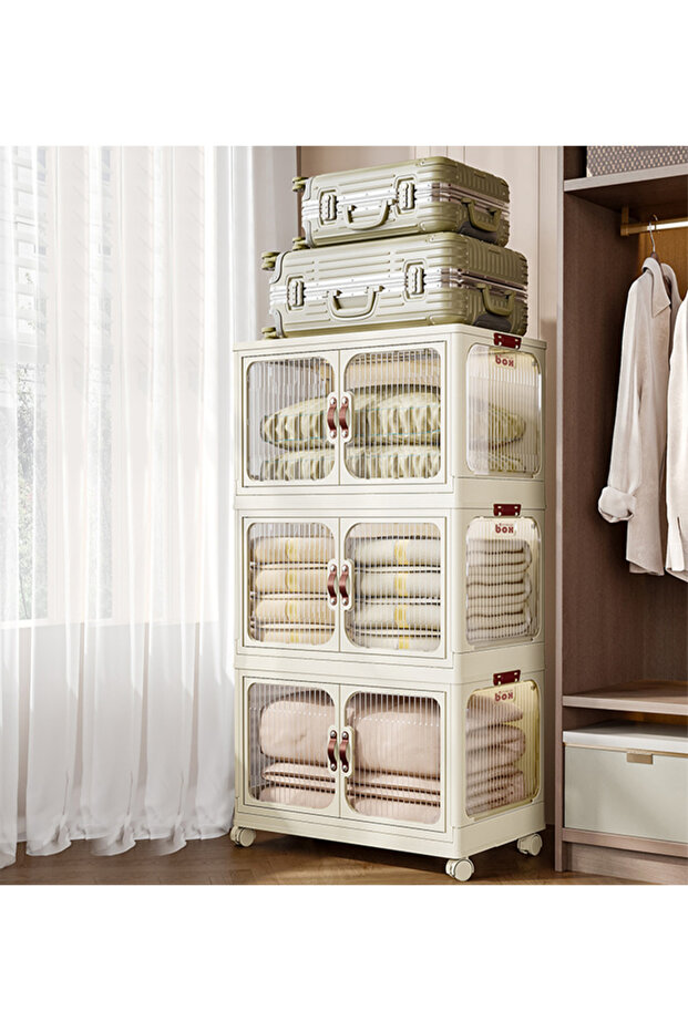 3-Tier Plastic Storage Cabinet with Double Doors with Wheels for Home & Kitchen (53x32x88 cm)
