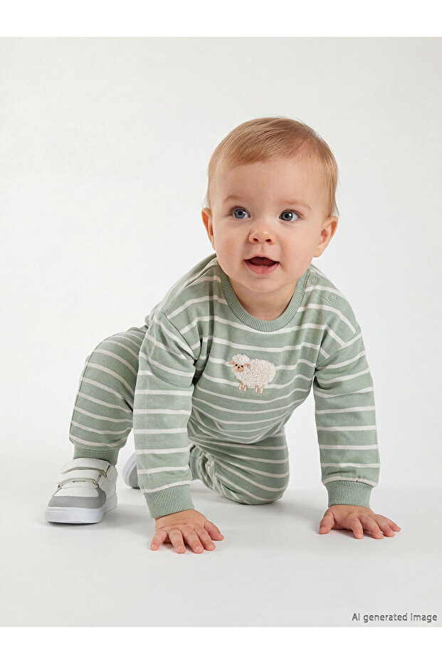 Green Embroidery Detailed Baby Boy Sweatshirt and Sweatpants