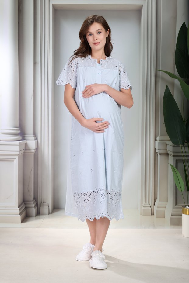 New Season Blue Short Sleeve Buttoned Design Scallop Linen Summer 100% Cotton Maternity Nightgown