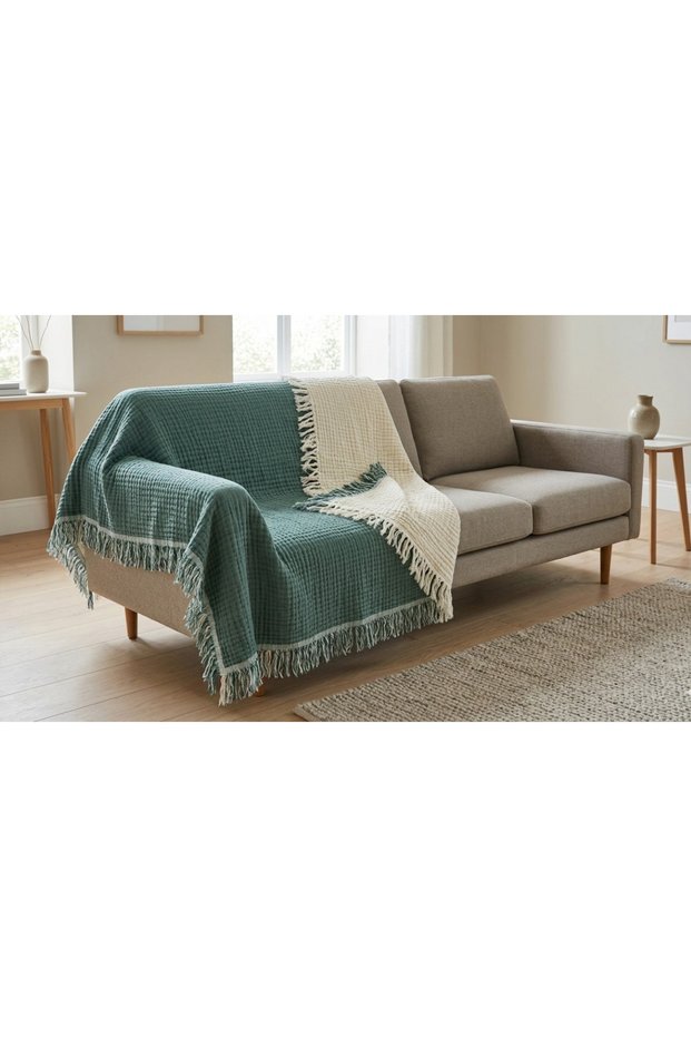 Sofa Cover Double-Sided 100% Organic 4-Layer Muslin Tasseled Pique & Tv Blanket 210 X 220 cm