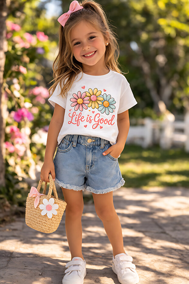 Life Is Good Printed Unisex Kids' T-Shirt – Floral Pattern Casual T-Shirt