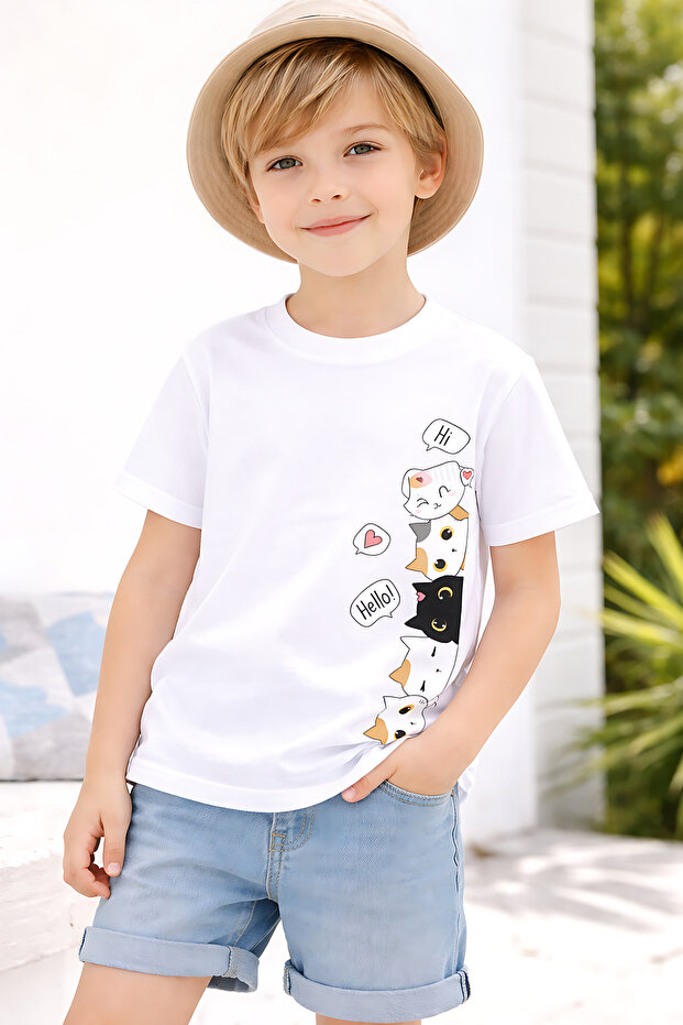 Hello Cat Printed Unisex Kids' T-Shirt – Cotton Fun Graphic T-Shirt