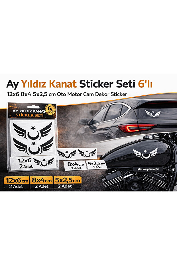Turkish Flag - Moon Star Wing Sticker Set of 6 - Auto Motor Windshield Decoration Foil