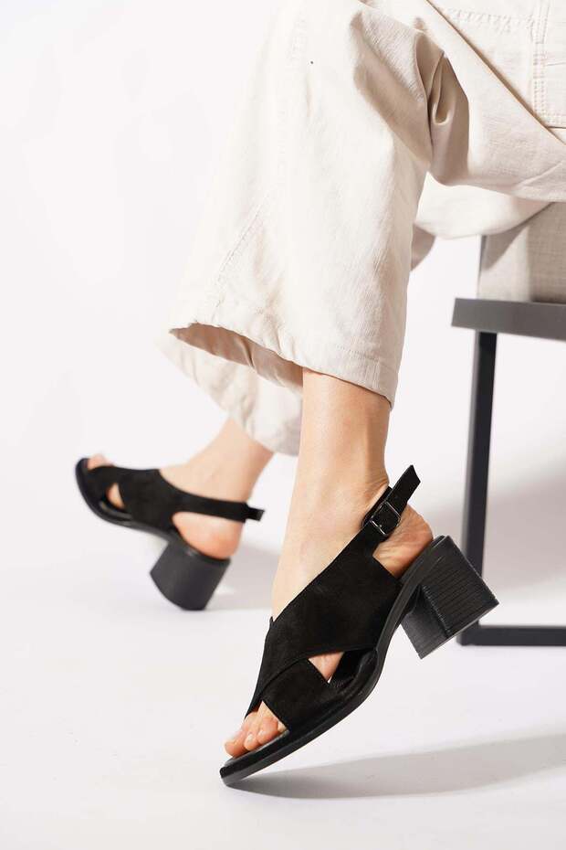 Ferteye cross-band genuine leather women's heeled sandals black suede