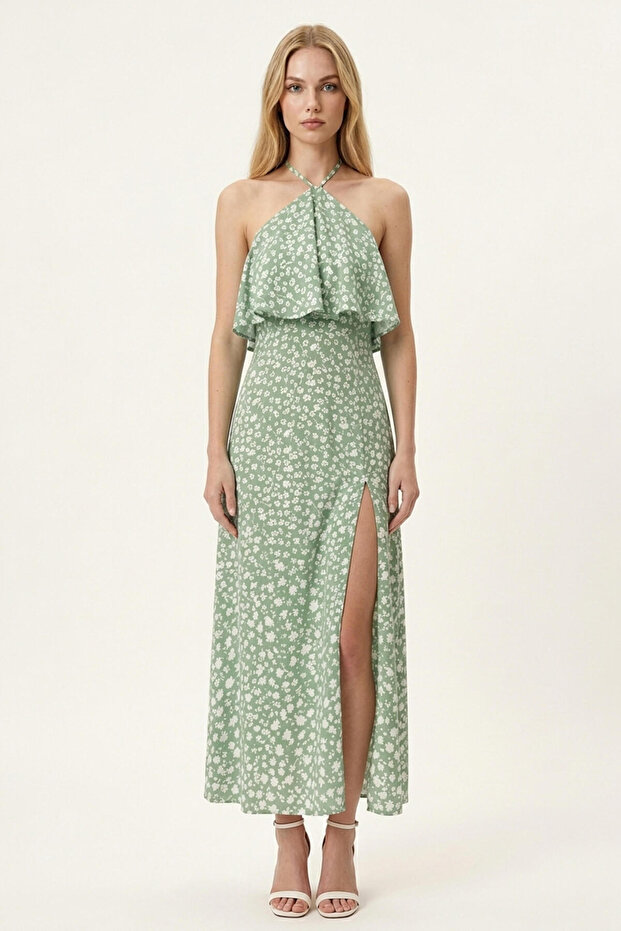 Halter Neck Slit Patterned Long Dress - 1019