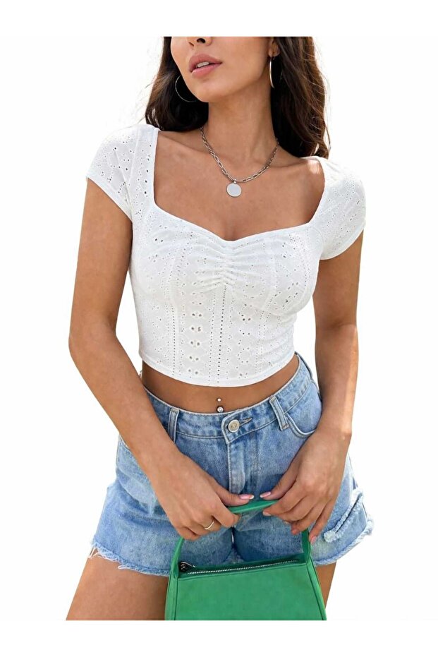Gathered Front Crop Blouse with Scallop Detail