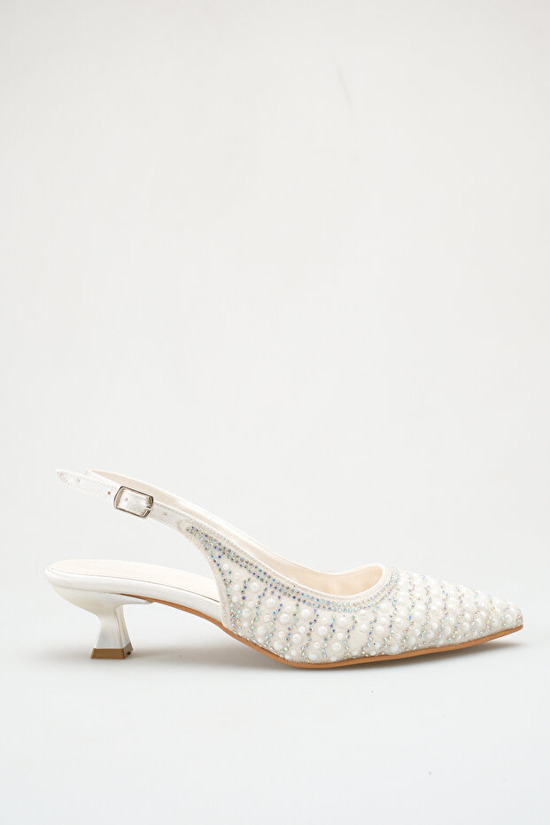 Women's Pointed Toe Pearl Detailed Elegant Champagne Heel Open Back Bridal Wedding Shoes 4cm