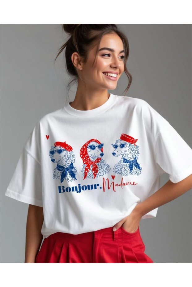"Bonjour, Madam" Printed T-Shirt, Oversize Unisex White T-Shirt Kids / Adult