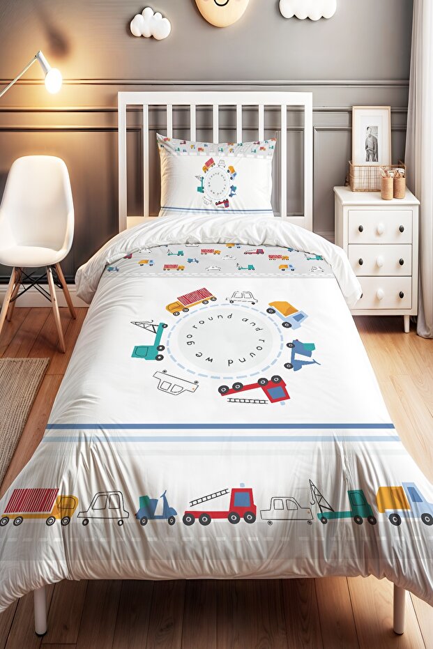 Cheerful Vehicles Crossing Patterned Single Baby Kids Bedding Set
