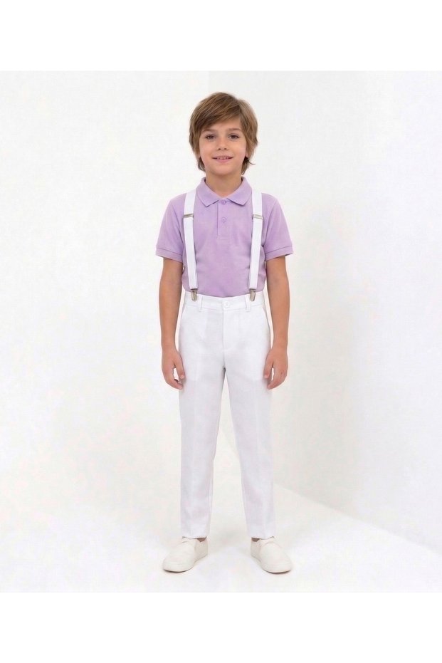 Boys' April 23 October 29 Collared T-Shirt -White Pants and Suspenders Set - Show Outfit