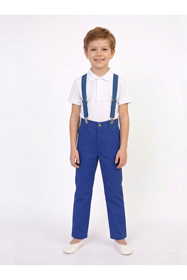 Boy's April 23 October 29 Collared T-Shirt -Cobalt Blue Pants and Suspender Set - Show Outfit