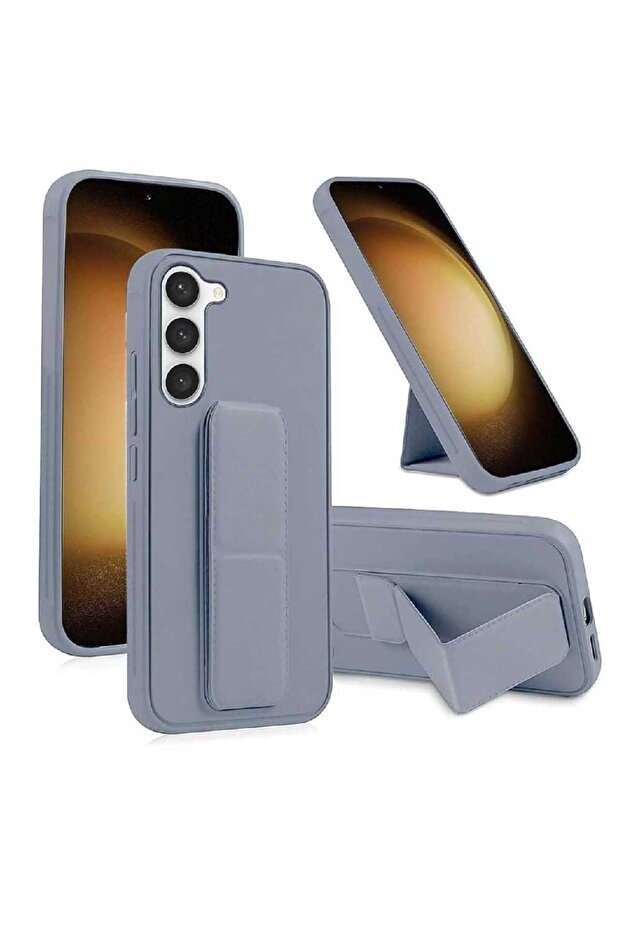 Soft Silicone Horizontal & Vertical Kickstand Cover Wrist Strap Case for Samsung Galaxy A55 5G Grey