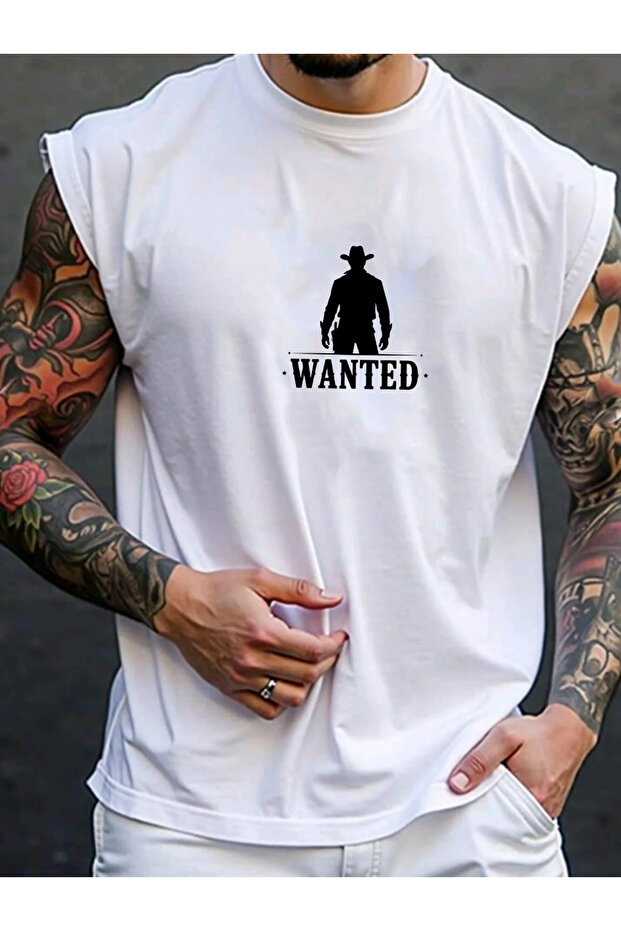 تيشيرت رجالي مطبوع عليه WANTED ملابس رياضية بدون أكمام مقاس كبير