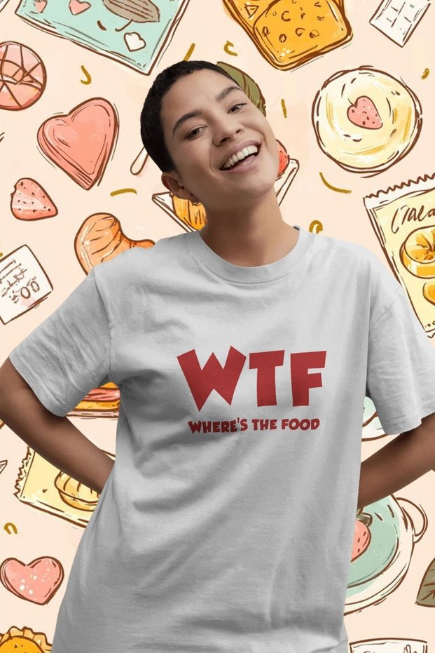 Where's the Food Written Unisex Oversize 24/1 Cotton T-Shirt - Special Collar Print