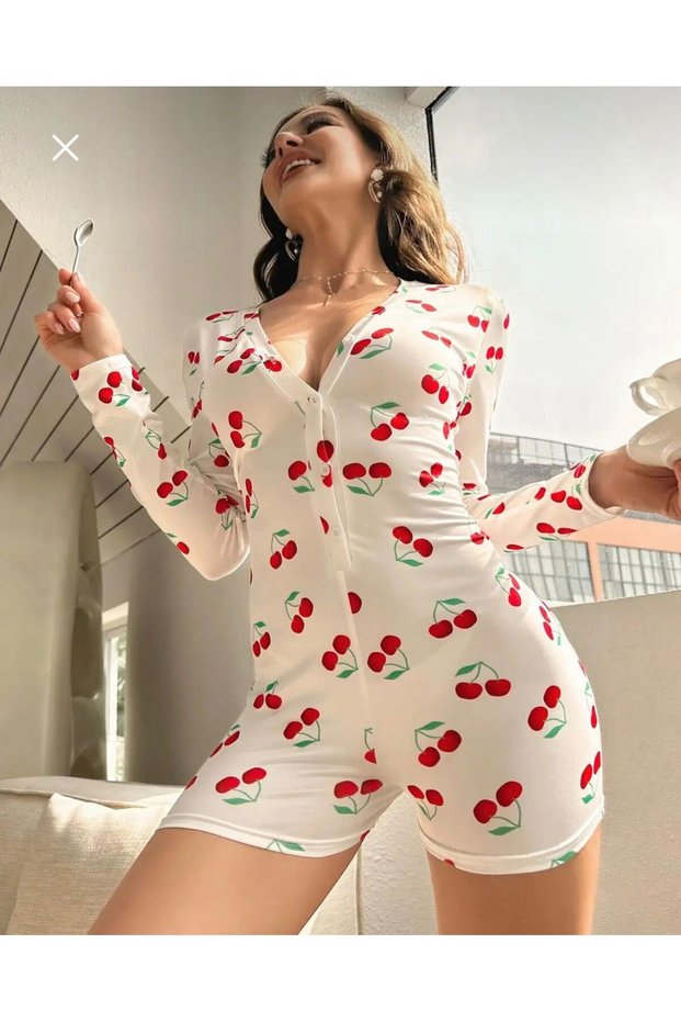 Long sleeve button-down romper pajama set
