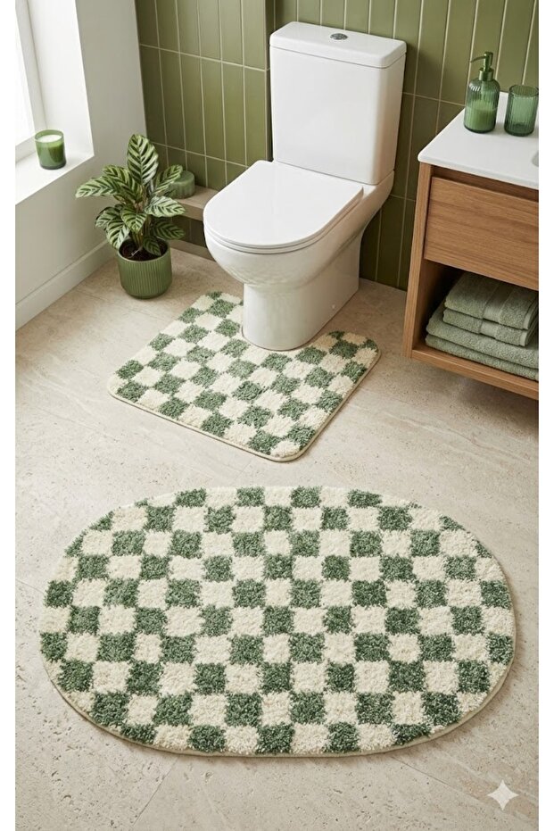Chess Dama Patterned Latex Non-Slip Base Machine Washable 2-Piece Bohemian Oval Bath Mat 60X100 60X50