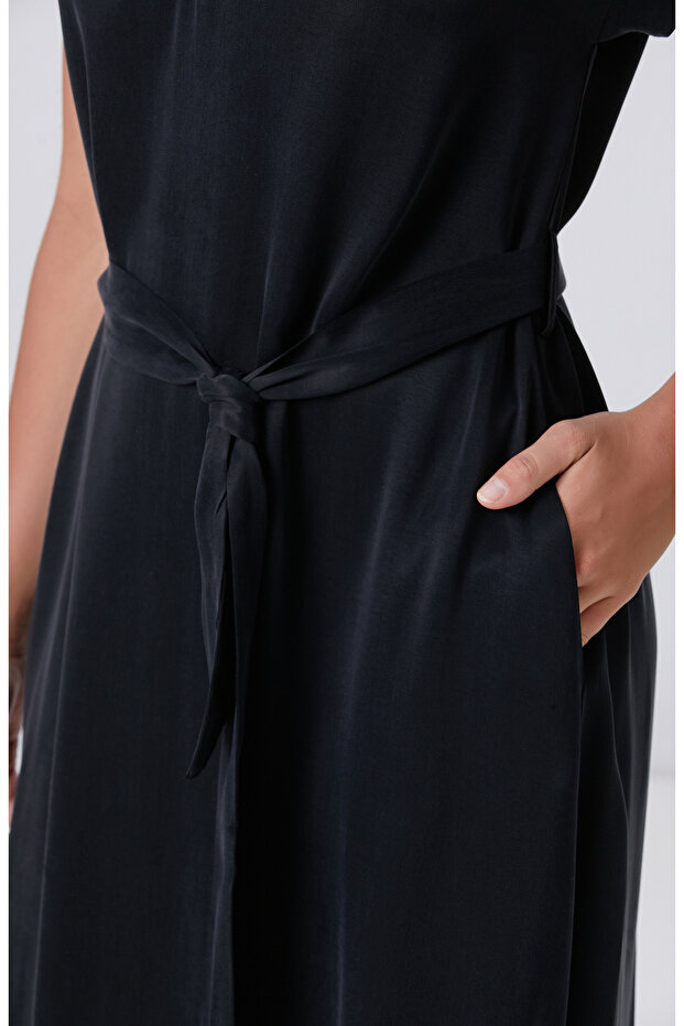 Siyah Cupro Elbise - 6