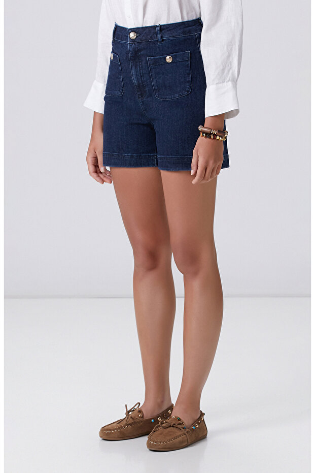 İndigo Cep Detaylı Denim Şort - 3