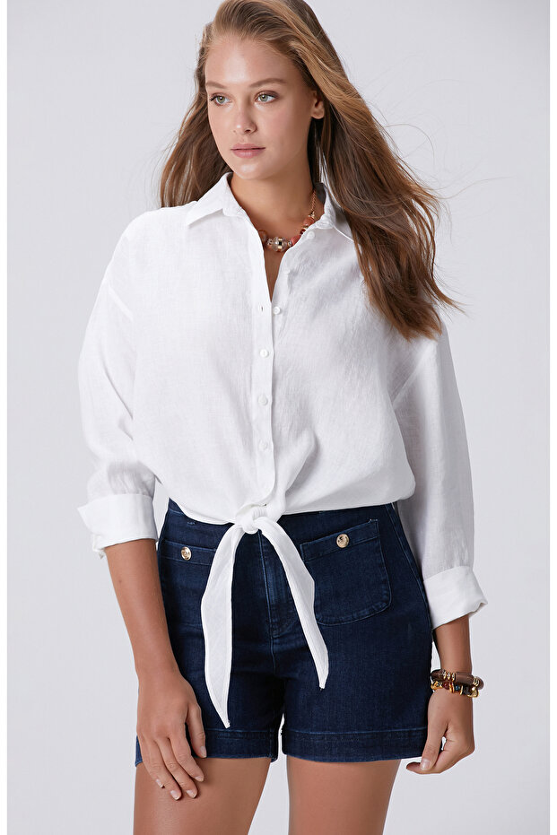 Beyaz Keten Gömlek - 4