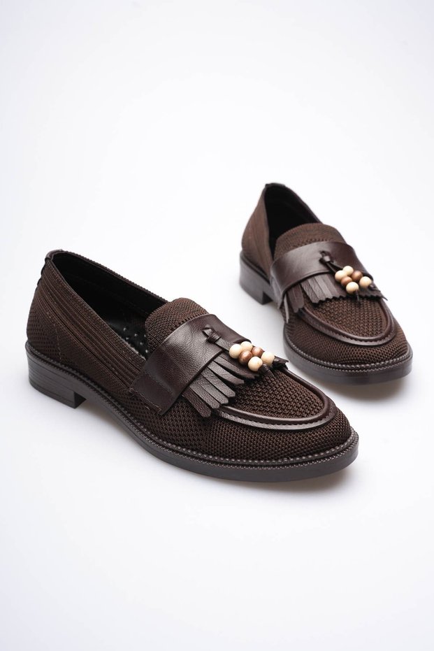 Women's Bitter Brown Beaded Tasseled Daily Short Heeled Shoes Tr30Ms01C
