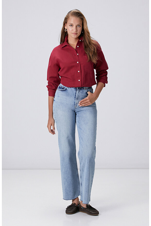 Vişne Cep Detaylı Basic Keten Mix Gömlek - 3