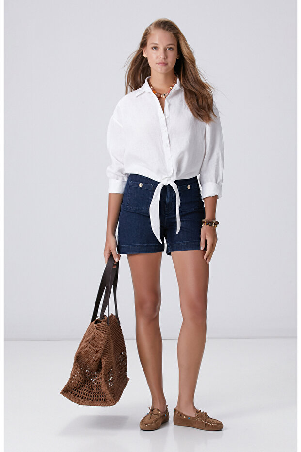 İndigo Cep Detaylı Denim Şort - 1