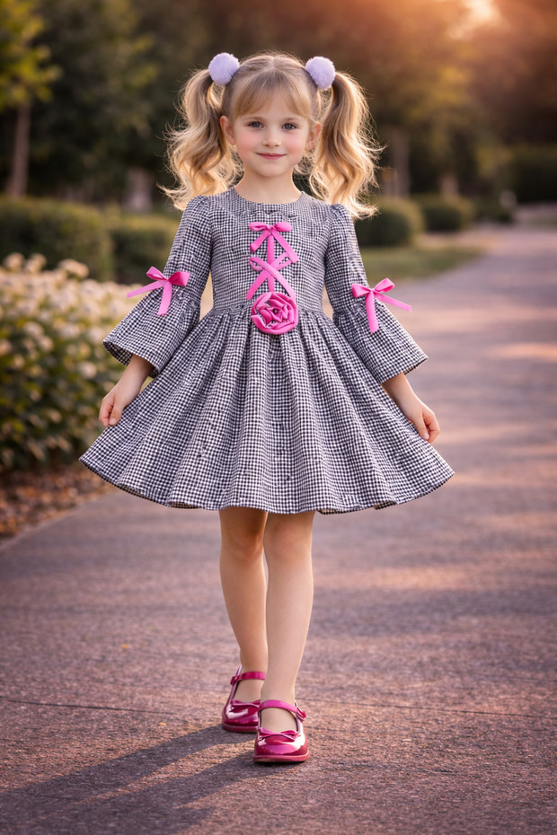 Girl's Gingham Dress with Pink Ribbon Detail, Stylish Casual Children's Dress