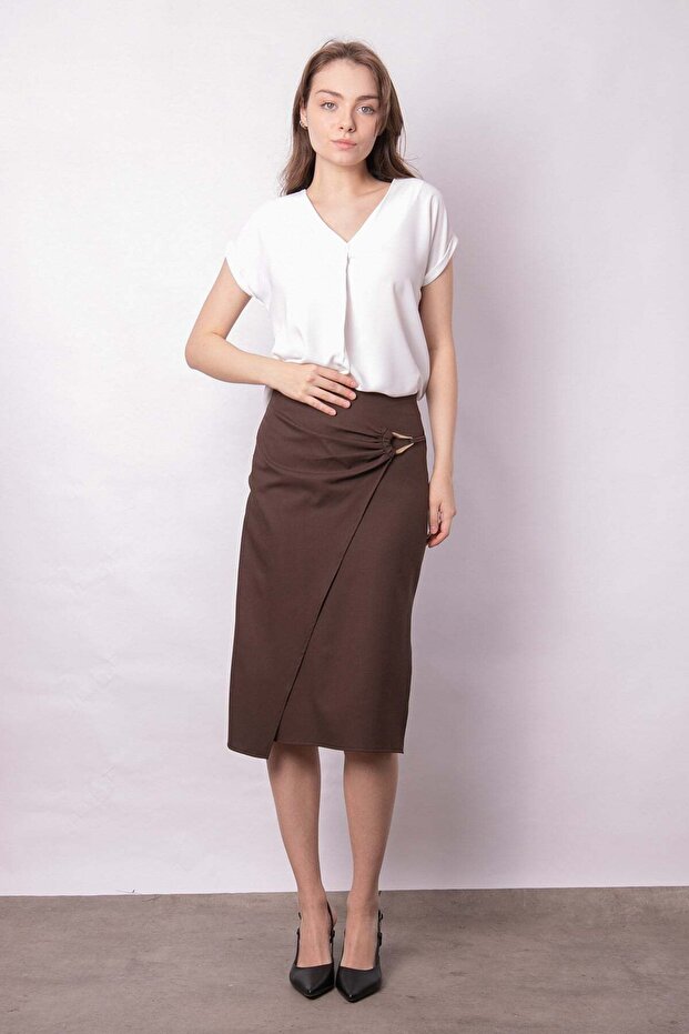 Women's Lightweight Lycra Fabric Double-Breasted Pencil Skirt with Accessories and Side Deep Slits Below the Knee - Brown